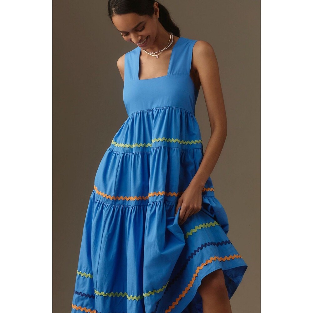 Anthropologie Helena Tiered Midi Dress Smocked Scallop S Blue NWOT